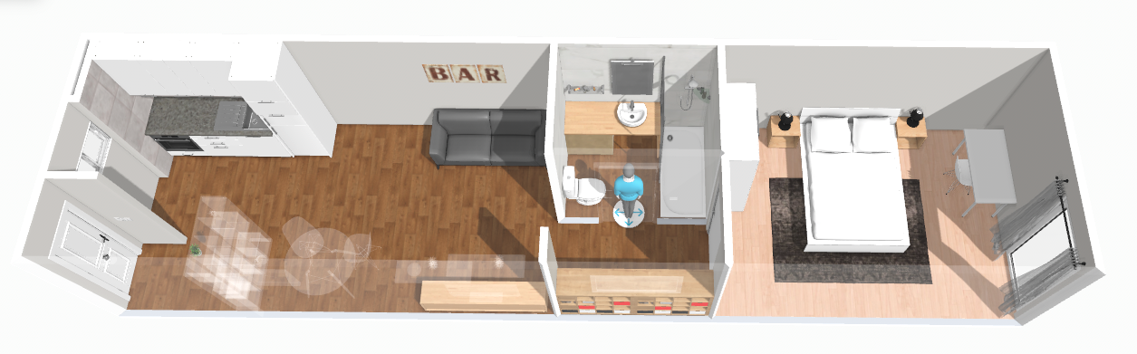 Planta ilustrada do T1, com cozinha e sala, casa de banho e quarto